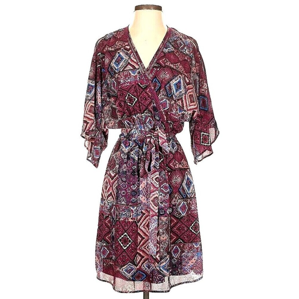 DR2 Womens Sz L Burgundy Mini Dress Cold Shoulder Lightweight Faux Wrap Lined N3
